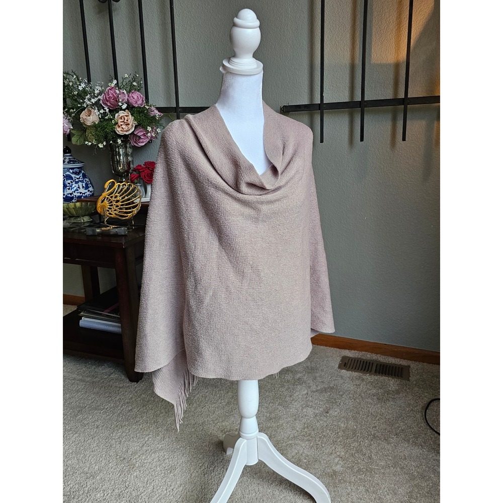 Echo Women's Rosy Taupe Knit Cowl Neck Poncho Cape Fringe Draped Sweater Wrap